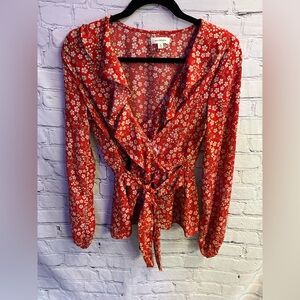 5/$20 Max Studio Women’s Red Pink‎ Floral Ruffle Faux Wrap Long Sleeve Top Sz S